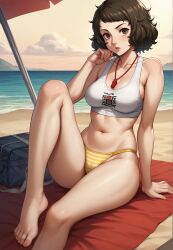 1girls ai_generated atlus beach beach_towel bikini brown_hair brown_hair_female curly_hair curly_hair_female female female_focus female_only light-skinned_female light_skin looking_at_viewer megami_tensei persona persona_5 robinlover sadayo_kawakami sega short_hair short_hair_female solo solo_female solo_focus tagme