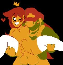 1boy 1girls black_background blushing bouncing_breasts carrying_partner crown happy_sex heart-shaped_pupils maledom mario mario_(series) muscular_male nintendo_entertainment_system nude_female_clothed_male partially_clothed pixel_art princess_peach red_hair self_upload standing_sex stomach_bulge super_mario_bros._(nes) thick_thighs thighhighs vaginal_penetration white_socks