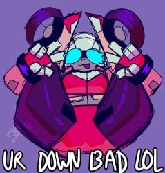 1girls alien alien_girl arcee ass_focus big_ass big_breasts blue_eyes female legs_over_head peace_sign presenting robot robot_girl rottingsoup_(artist) solo solo_female suggestive suggestive_pose thick_thighs thighs transformers