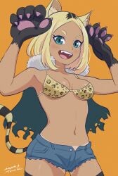 :d absurdres animal_ear_fluff animal_ears animal_hands animal_print aqua_eyes bikini black_hair black_thighhighs blonde_hair blue_capelet blue_shorts bob_cut breasts breasts_apart capelet cowboy_shot dark-skinned_female dark_skin dated denim denim_shorts female female_focus fur-trimmed_capelet fur_trim gal gyaru gyaru_gal hands_up highres hime-sama_"goumon"_no_jikan_desu krall_(hime-sama_goumon) kuro_gyaru leopard_ears leopard_girl leopard_print multicolored_hair navel open_mouth orange_background roots_(hair) short_shorts shorts signature simple_background slit_pupils small_breasts smile solo stomach striped_tail swimsuit tail tan tanline thighhighs tsunemoku two-tone_hair yellow_bikini