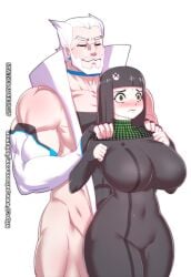 1boy 1girls beard big_breasts black_hair blush bodysuit bokuman company_logo facial_hair fear hourglass_figure humanized imminent_sex large_breasts lowres muscular muscular_male navel nervous o_o pale-skinned_female pale-skinned_male pale_skin personification playstation playstation_5 simple_background size_difference tight_clothing trapped white_background white_hair wide_hips xbox xbox_game_studios