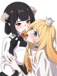 2girls black_gloves black_hair black_necktie black_vest blonde_hair blue_eyes blush breasts breath collar crown demon_girl demon_horns dot_nose dress eyebrows eyelashes facial_mark feeding female_focus food from_side gloves hand_up highres hime-sama_"goumon"_no_jikan_desu hime_(himesama_goumon) horns large_breasts lipstick long_hair long_sleeves looking_at_another looking_at_viewer makeup medium_hair multiple_girls necktie open_mouth osarutukamaeru petite red_lips sexually_suggestive shirt short_necktie simple_background slave slit_pupils tongue tongue_out torture_tortura upper_body vest white_background white_dress white_shirt yuri