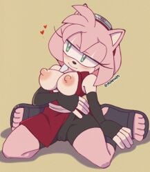 amy_rose anthro areola breasts camel_toe clothing cosplay crossover crossover_cosplay eulipotyphlan feet female fingers footwear half-closed_eyes heart_symbol hedgehog hi_res mammal narrowed_eyes naruto nipples pepamintop sakura_haruno sega signature simple_background smile solo sonic_(series) sonic_the_hedgehog_(series) toes