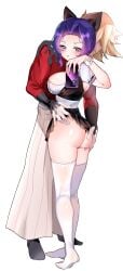 1boy 1girls 1ien alternate_costume ass big_ass big_breasts blush cellphone demon_slayer designori douma female female_focus full_body hand_on_ass hand_on_butt kimetsu_no_yaiba kochou_shinobu looking_at_viewer looking_back maid maid_uniform male phone purple_eyes purple_hair selfie sideboob skirt_lift standing sweatdrop thighhighs unseen_male_face white_legwear white_thighhighs