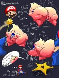 anthro big_anus big_ass blue_clothing dick_out dripping_pussy fat fat_ass hungry_luma japansadface legs_out looking_back luma mario mario_(series) nintendo penile_penetration penis_penetration pink_skin post_nut_clarity precum question_mark red_clothing small_dom_big_sub stomach_bulge super_mario_galaxy text thick_thighs tongue_out wand