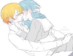 1boy 1boy1girl blue_hair female hand_on_butt hands_on_face hinomori_shizuku kissing kissing_while_penetrated project_sekai tenma_tsukasa yellow_hair