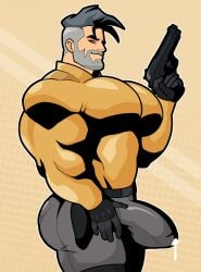 bara beard bubble_butt bulge creature_commandos cum dc dc_comics dcu dilf form_fitting fully_clothed grey_hair gun leaking_cum male male_only muscular muscular_male nandarazzi rick_flag_sr tight_clothing