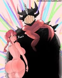 1boy 1girls big_ass big_breasts chainsaw_man inminent_sex makima_(chainsaw_man) nude nude_female pochita_(chainsaw_man) pochita_(devil_form) rareplushy red_hair thick_ass thick_thighs