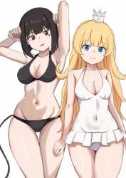 2girls arms_behind_head bikini black_bikini black_hair blonde_hair blue_eyes breasts cleavage covered_navel crown demon_girl demon_horns eyebrows_hidden_by_hair groin hair_between_eyes highres hime-sama_"goumon"_no_jikan_desu hime_(himesama_goumon) horns light_smile lipstick long_hair looking_at_viewer lowleg lowleg_bikini makeup medium_breasts mini_crown multiple_girls navel nootomo one-piece_swimsuit pointy_ears red_eyes simple_background stomach swimsuit torture_tortura white_background white_one-piece_swimsuit