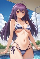 ai_generated athletic_female bare_legs big_breasts bikini bikini_top blush curvaceous curvy_female huge_breasts huge_thighs koshi_anko large_breasts light-skinned_female light_skin lokokabooster69 long_hair looking_down low-angle_view my_deer_friend_nokotan purple_eyes purple_hair shikanoko_nokonoko_koshitantan smiling solo_female squatting sweat sweatdrop thick_body thick_female thick_thighs thighs voluptuous voluptuous_female