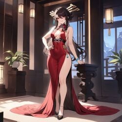 ai_generated bangs beidou_(genshin_impact) breasts dress elegant genshin_impact ministro red_dress