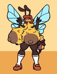 4_arms antennae_(anatomy) anthro areola arthropod arthropod_abdomen bee big_areola big_breasts big_nipples blush breasts brown_hair clothing female fluffy footwear fur hair half-closed_eyes hi_res high_heels honey_bee huge_areola huge_breasts huge_nipples hymenopteran hyper hyper_breasts insect_wings insects multi_arm multi_limb narrowed_eyes nipples nude orange_eyes puffy_nipples shoes socks solo sprucy wings yellow_body yellow_fur