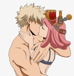 artist_request bakugou_katsuki blonde_hair blonde_male boku_no_hero_academia bra edit edited gray_bra hatsume_mei hug katsuki_bakugou kissing mei_hatsume muscular muscular_male my_hero_academia pink_hair romantic romantic_ambiance