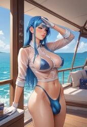 1futa 2d ai_generated balls big_ass big_breasts big_penis bikini blue_eyes blue_hair blush braid breasts bulge cleavage collared_shirt day embarrassed flaccid futanari gloves goddess_of_victory:_nikke helm_(nikke) highleg_panties indoors long_hair looking_away military_uniform nipple_bulge ocean panties salute santopati sea see-through see-through_clothing self_upload shy solo standing sweat sweatdrop sweating sweaty swimsuit thick_thighs thong translucent wet white_shirt yacht