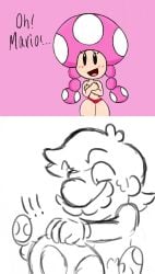 1boy1girl 1girl1boy blowjob blush blush_lines covered_nipples covering_breasts deadmii dialogue female gloves grabbing_head hair implied_blowjob implied_oral male mario mario_(series) mob_face moustache mushroom_girl mushroom_humanoid nervous nervous_smile nintendo oral panties pink_background red_panties shiny_skin sucking sucking_penis text thick_thighs thighs toadette topless twintails worried worried_expression