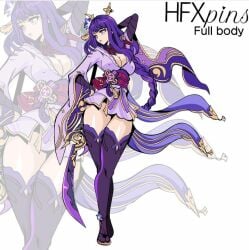 cleavage female_only genshin_impact hair_ornament hfxpins kimono purple_hair raiden_shogun standing