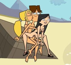 1boy 2girls accurate_art_style artist_request beach bridgette_(tdi) cody_(tdi) female heather_(tdi) human human_only kissing light-skinned_female light-skinned_male light_skin male male/female nude source_request tagme threesome total_drama_island