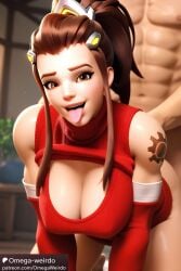 ai_generated brigitte brigitte_lindholm brown_eyes brown_hair doggy_style light-skinned_male omega-weirdo overwatch patreon ponytail smile tattoo tongue_out virgin_destroyer_sweater virgin_killer_sweater