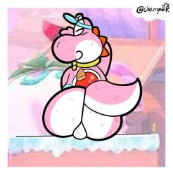 1boy anthro ass balls bodily_fluids cherrym0nr cold dessert food furry furry_male furry_only genitals hi_res ice_cream male male_only mario_(series) mario_kart mario_kart_world nintendo pink_yoshi reptile scalie solo solo_focus solo_male sweat sweat_on_ass yoshi yoshi_(soft_server)