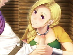 belt bianca_whitaker blonde_hair blush braid breasts cape censored clothing collar dragon_quest dragon_quest_v earrings erection eyeless_male female handjob hero_(dq5) highres jewelry large_breasts long_hair looking_down penis pink_poison purple_eyes sitting smile