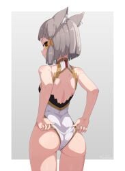 1girls adjusting_clothes ass cat_ears catgirl grey_hair guilegaze looking_at_viewer looking_back nia nia_(xenoblade) small_breasts xenoblade_(series) xenoblade_chronicles_2 yellow_eyes