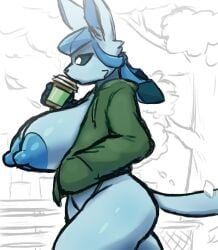big_breasts casual coffee eeveelution female female_focus fur furry glaceon huge_breasts ineffective_clothing jacket_open lime09 pokemon public unzipped_jacket