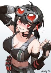 1girls armwear black_hair bra_strap grace_howard large_breasts mechanic red_eyes salty_vi smile sweat zenless_zone_zero