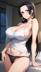 ai_generated athletic_female bare_legs black_hair blue_eyes boa_hancock curvaceous curvy_female earrings gigantic_breasts huge_breasts huge_thighs light-skinned_female light_skin lokokabooster69 long_hair looking_at_viewer massive_breasts mature_female milf one_piece panties shounen_jump smiling solo_female squatting sweat sweatdrop tank_top thick_thighs thighs voluptuous voluptuous_female