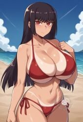 ai_generated athletic_female bare_legs beach bikini bikini_top black_hair gigantic_breasts huge_breasts huge_thighs lokokabooster69 long_hair looking_at_viewer massive_breasts please_don't_bully_me,_nagatoro red_eyes sana_sunomiya solo_female squatting sweat sweatdrop tan_body tanned_female tanned_skin thick_thighs thighs thighs_bigger_than_head voluptuous voluptuous_female