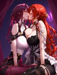 2girls ai_generated big_breasts enemies_to_lovers himeko_(honkai:_star_rail) honkai:_star_rail honkai_(series) hoyoverse kafka_(honkai:_star_rail) kissing lesbian lesbian_kiss lesbians yuri