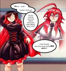 1futa 1girls bulge bulge_under_clothes comic_panel dinotits english_text full-package_futanari futanari high_school_dxd penis_under_clothes penis_under_skirt rias_gremory ruby_rose rwby self_upload tagme