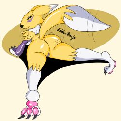 absurd_res anthro ass bandai_namco big_butt canid canine digimon digimon_(species) eddiebrije female fox fur genitals hi_res humanoid looking_at_viewer mammal pawpads paws pussy raised_tail renamon simple_background solo tail thick_thighs true_fox yellow_body yellow_fur