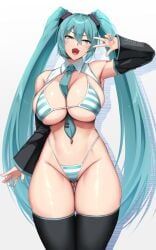 1girls 2024 belly belly_button big_breasts bra eyebrows eyebrows_visible_through_hair hatsune_miku hatsune_miku_(collared_bikini) karasu_(jjwh2832) matching_underwear panties peace_sign simple_background solo solo_female solo_focus standing striped striped_bikini striped_panties thigh_gap thighhighs thighs tie tie_between_breasts twintails vocaloid