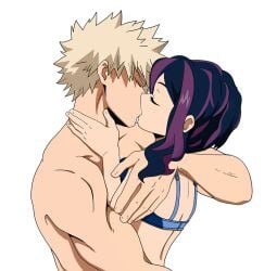 artist_request bakugou_katsuki blonde_hair blue_bra boku_no_hero_academia bra edit edited hug kaina_tsutsumi katsuki_bakugou kissing lady_nagant my_hero_academia nude purple_hair romantic romantic_ambiance tsutsumi_kaina