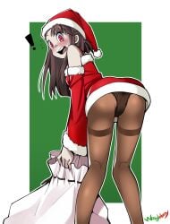 1girls akko_kagari ass ass_focus atsuko_kagari bent_over blush booty brown_hair christmas female female_only little_witch_academia looking_back presenting_hindquarters red_eyes santa_costume tights witch woogleboy