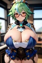 1girls ai_generated big_breasts big_thighs blush breasts busty clothing curvy female ffee11-ai genshin_impact gigantic_breasts glasses huge_breasts huge_thighs large_breasts large_thighs massive_breasts sucrose_(genshin_impact) thick_thighs thighs voluptuous