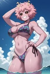 ai_generated athletic_female bare_legs beach big_breasts bikini bikini_top black_eyes boku_no_hero_academia curvaceous horn horns huge_breasts huge_thighs large_breasts lokokabooster69 looking_at_viewer mina_ashido my_hero_academia pink_body pink_hair pink_skin short_hair shounen_jump smiling solo_female squatting sweat sweatdrop thick_thighs thighs voluptuous voluptuous_female yellow_pupils