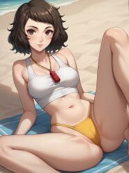 1girls ai_generated atlus beach beach_towel bikini brown_hair brown_hair_female curly_hair curly_hair_female female female_focus female_only legs_apart light-skinned_female light_skin looking_at_viewer megami_tensei persona persona_5 robinlover sadayo_kawakami sega short_hair short_hair_female solo solo_female solo_focus tagme