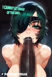 1boy 1girls ai_generated black_lips black_lipstick blowjob censored censored_penis chainsaw_man completely_nude completely_nude_female dark-skinned_male dark_skin eye_contact eyebrows eyelashes eyeliner eyepatch eyeshadow fellatio female green_eyes green_hair half-closed_eyes himeno_(chainsaw_man) imminent_oral indoors large_breasts large_penis long_penis looking_at_viewer naked naked_female oral oral_sex pov short_hair steam steaming_body sweat sweatdrop yelua