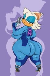 2024 anthro ass bat breasts clothing cosplay crossover crossover_cosplay eyeshadow female footwear fur gun handgun hi_res high_heels leekcheek looking_at_viewer looking_back looking_back_at_viewer makeup mammal metroid narrowed_eyes nintendo ranged_weapon rouge_the_bat sega shoes signature simple_background solo sonic_(series) sonic_the_hedgehog_(series) weapon white_body white_fur zero_suit zero_suit_samus_(cosplay)