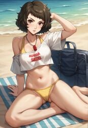 1girls ai_generated atlus beach beach_towel bikini brown_hair brown_hair_female curly_hair curly_hair_female female female_focus female_only light-skinned_female light_skin looking_at_viewer megami_tensei persona persona_5 robinlover sadayo_kawakami sega short_hair short_hair_female solo solo_female solo_focus tagme