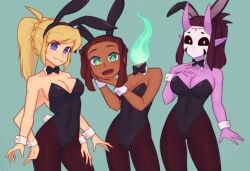 2d 3girls blonde_hair blue_eyes blush brown_hair bunnysuit dark_skin detachable_head dullahan light_skin looking_at_viewer mask medium_breasts multi_arm multi_limb nelly oc purple_skin xyroni