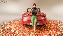 1girls 2023 3d autumn black_shirt car clothed clothing enetwhili2 female female_only front_view green_skirt huge_breasts leaves_on_ground lipstick looking_at_viewer mature mature_female milf open_shirt plaid_shirt red_hair red_lipstick shirt skirt solo solo_female standing