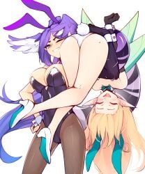 2023 2girls :) ;) ass ass_focus ass_up barely_contained barely_contained_breasts blonde_hair blush bowtie bracelet bracelets breasts bunny_ears bunny_tail bunnysuit carrying carrying_over_shoulder carrying_partner carrying_person closed_eyes clothed clothing cute dragon dragon_arm dragon_girl dragon_tail fairy feathers female green_bowtie green_bunny_ears hair_wings hand_on_hip jpeg large_breasts laughing light_skin long_hair long_tail nijisanji nijisanji_en pantyhose pointy_ears pomu_rainpuff purple_bunny_ears purple_hair purple_tail ricegnat selen_tatsuki simple_background spherical_breasts striped_tail teal_eyes toothy_grin very_long_hair virtual_youtuber white_background white_feathers white_hair white_panties wink