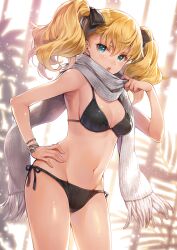 bikini black_bikini black_bow black_ribbon blonde_hair blue_eyes bow bracelet breasts cleavage commentary_request cowboy_shot female grey_scarf hagure_keg hair_between_eyes hairbow hand_on_own_hip hand_up highres jewelry long_hair medium_breasts navel open_mouth original ribbon scarf side-tie_bikini_bottom solo standing stomach swimsuit twintails upper_body