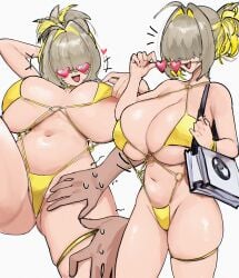 1boy 1girls 2024 areola_peek areolae bag big_breasts bikini bikini_pull blonde_hair breasts breasts_apart carrying_object dark_skin dirty_blonde_hair disembodied_hand elegg_(nikke) faceless_male female female_focus goddess_of_victory:_nikke hair_over_eyes heart heart_glasses huge_breasts large_breasts light-skinned_female light_skin open_mouth partial_male short_hair solo_focus sunglasses tagme teasing thick_thighs thigh_grab thighs top_heavy uun_(uundayo_olo) white_background yellow_bikini