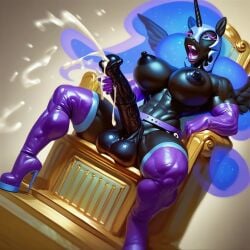 ai_generated balls cumming futanari horsecock latex masturbation muscular my_little_pony nightmare_moon_(mlp) throne