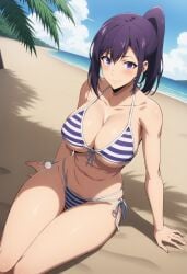 ai_generated asian asian_female athletic_female bare_legs beach big_breasts bikini bikini_top curvaceous curvy_female huge_breasts huge_thighs large_breasts light-skinned_female light_skin lokokabooster69 looking_at_viewer ponytail purple_eyes purple_hair smiling solo_female solo_leveling squatting sung_jin_ah sweat sweatdrop thick_thighs thighs voluptuous voluptuous_female