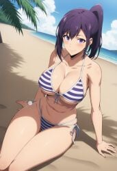 ai_generated asian asian_female athletic_female bare_legs beach big_breasts bikini bikini_top curvaceous curvy_female huge_breasts huge_thighs large_breasts light-skinned_female light_skin lokokabooster69 looking_at_viewer ponytail purple_eyes purple_hair smiling solo_female solo_leveling squatting sung_jin-ah sweat sweatdrop thick_thighs thighs voluptuous voluptuous_female