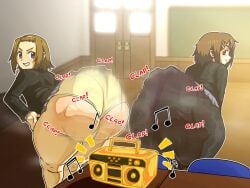 2girls ass blazer boombox brown_eyes brown_hair clapping_ass clapping_cheeks classroom gold_boombox_(prevence) huge_ass k-on! miniskirt motion_blur panties ritsu_tainaka_(k-on!) smirk twerking wiirart yui_hirasawa_(k-on!)